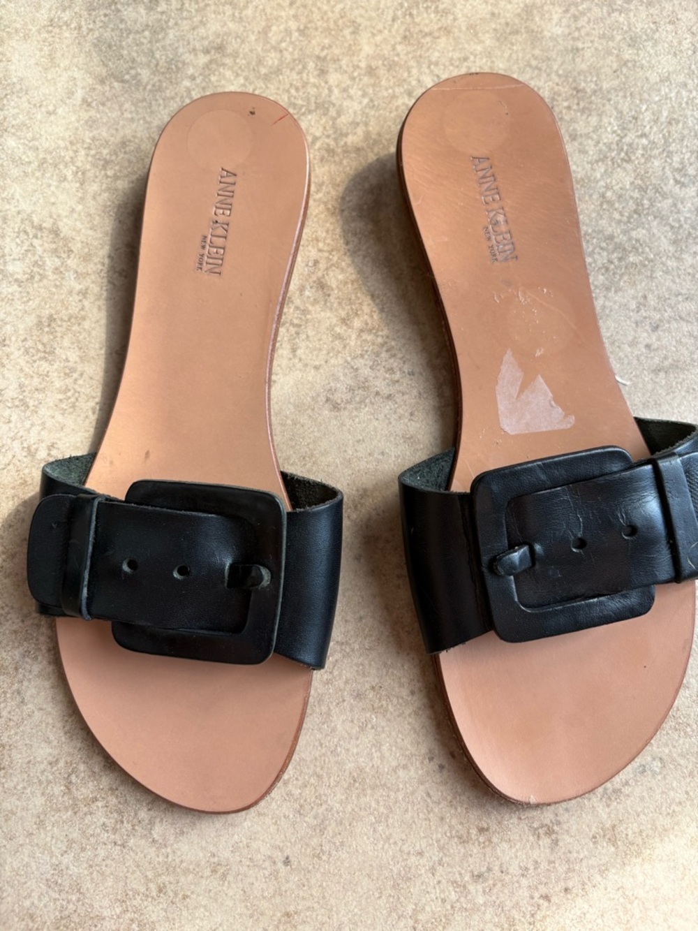 Anne Klein Black Leather Buckle Slide Sandals with Tan Footbed